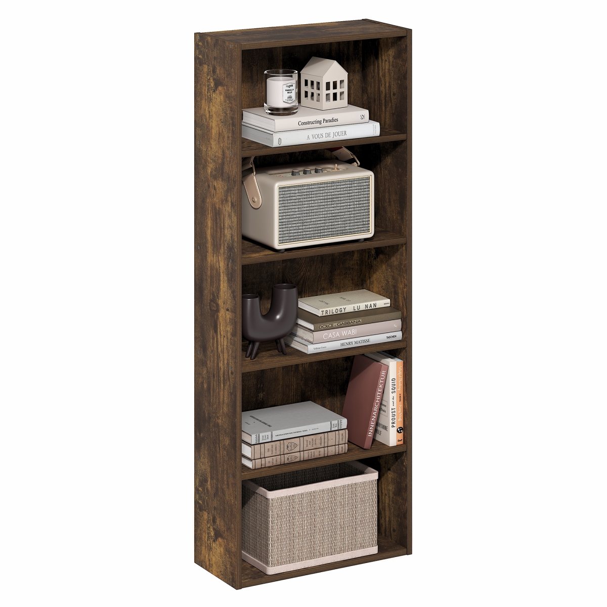 25075AP 7 x 17 x 44 in. Basic 5-Tier Open Shelf Bookcase - Bookshelf & Storage Organizer - Amber Pine