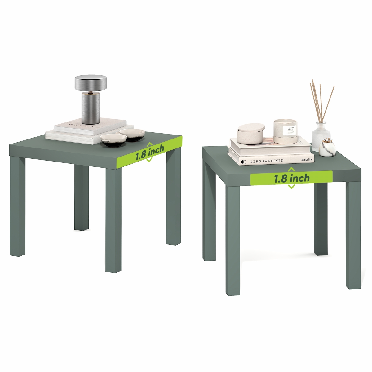 2LU22002SG Classic Square End Table with 1.8 in. Thick Tabletop & Nightstand for Living Room - Sage Green - Set of 2