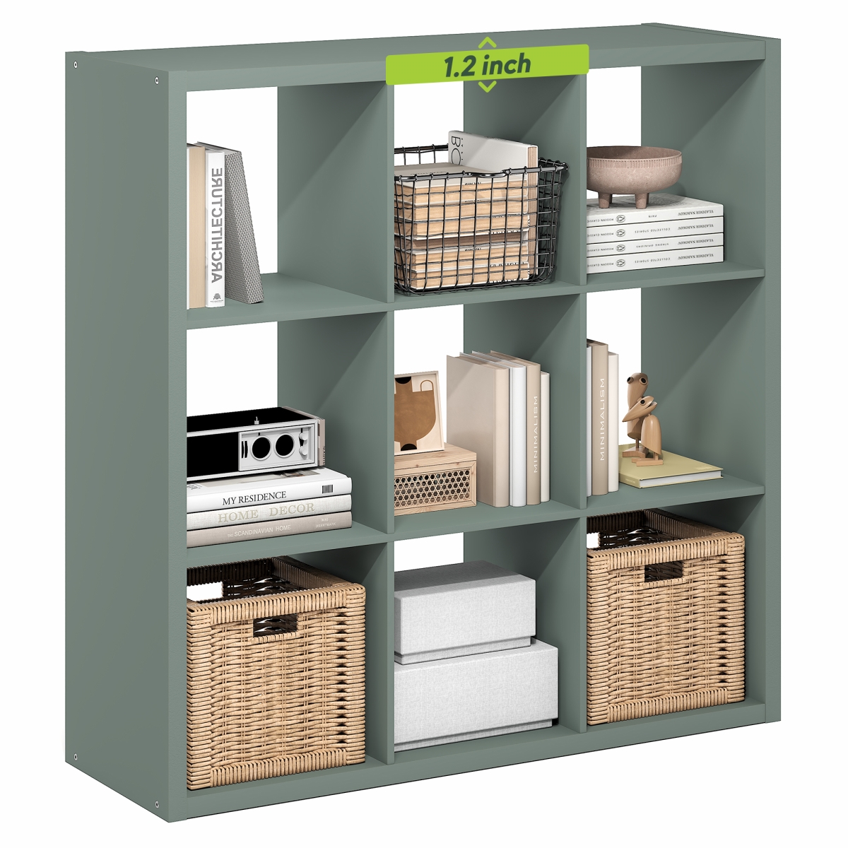 LU22007SG 14.6 x 43.8 x 43.8 in. Cubicle 9-Cube Thick Frame Bookshelf - Reversible Bookcase with Open Back for Living Room - Sage Green