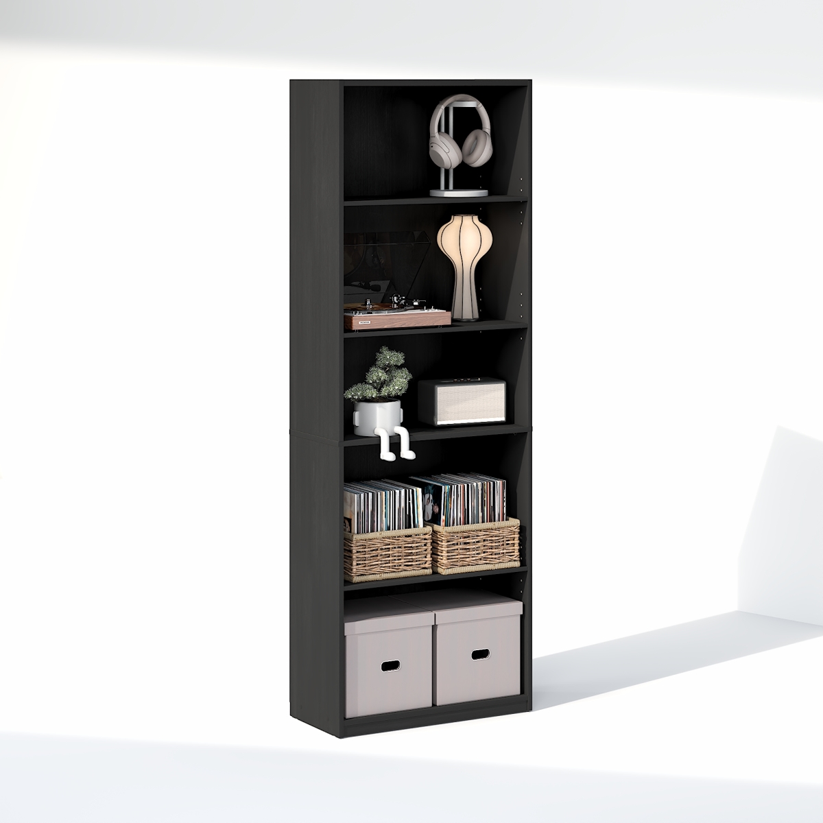 N24002BKW Gehry 5-Tier CD DVD Media Storage Tower with Adjustable Shelves for Living Room & Home Office - Blackwood