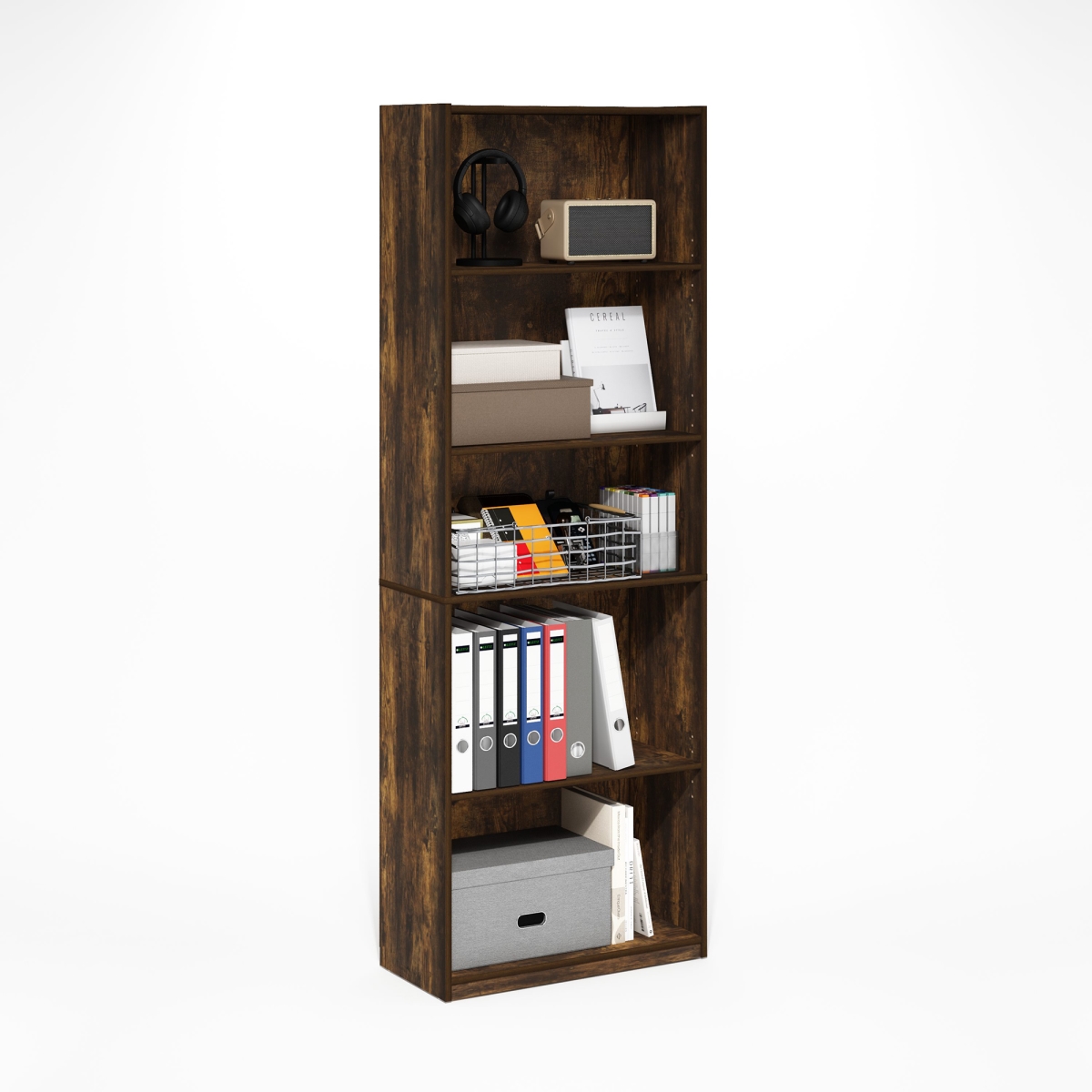RL24002AOK 11.6 x 24.8 x 71.4 in. Gehry 5-Tier Bookshelf with Adjustable Shelves for Home Office & Living Room - Amber Oak