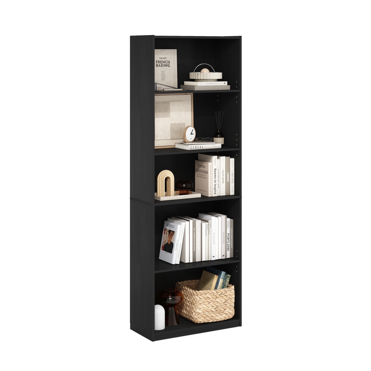 RL24002DW 11.6 x 24.8 x 71.4 in. Gehry 5-Tier Bookshelf with Adjustable Shelves for Home Office & Living Room - Darkwood