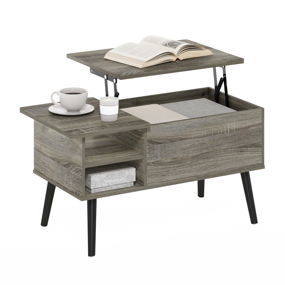RL23134GOK Jensen Lift Top Coffee Table with Storage Shelf - Side Shelf, Hidden Compartment for Living Room - Gray Oak