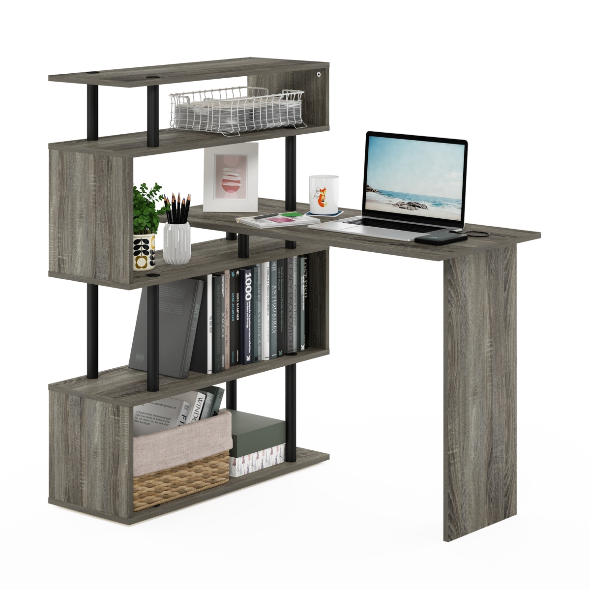 RLN20200GOKBK Classic L Shape Computer Desk - Gaming Desk, Office Desk with 5-Tier Shelves - Gray Oak