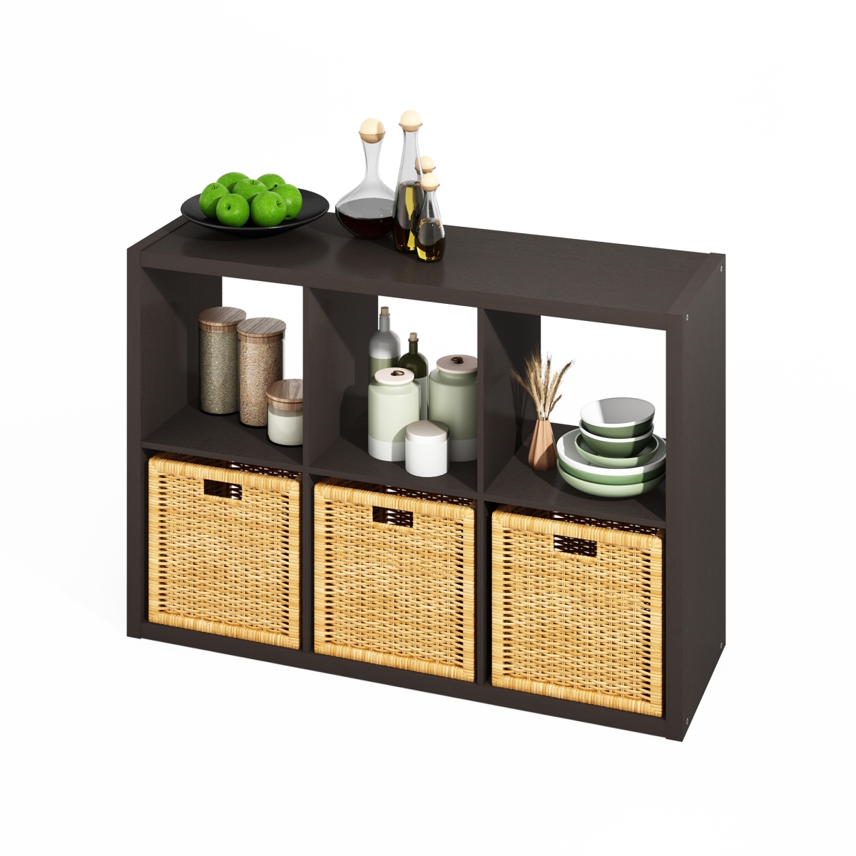 RLNNLU22005BKO Hermite 6-Cube Kitchen Island with Storage & Bakers Rack - Black Oak