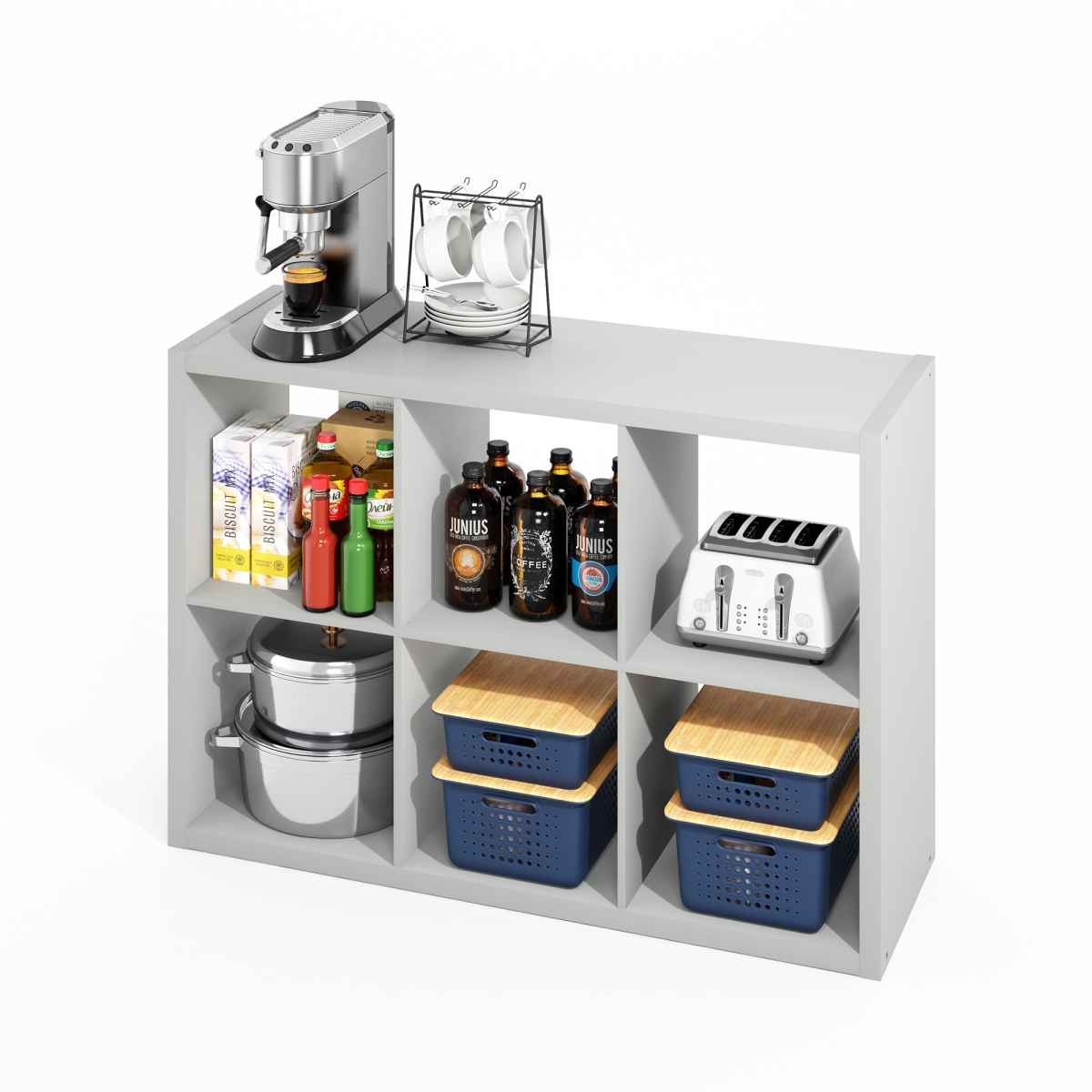 RLNNLU22005PGY Hermite 6-Cube Kitchen Island with Storage & Bakers Rack - Pale Gray