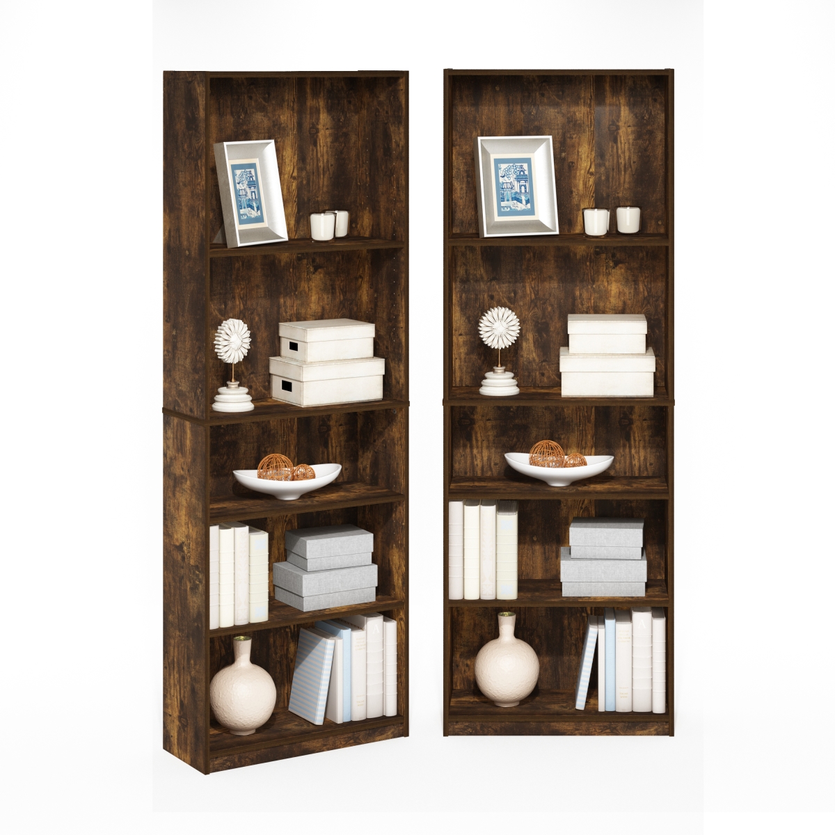 214110R1AP 9.5 x 24.5 x 71 in. Jaya 5-Tier Bookshelf, Bookcase with Adjustable Shelf - Amber Pine - Set of 2