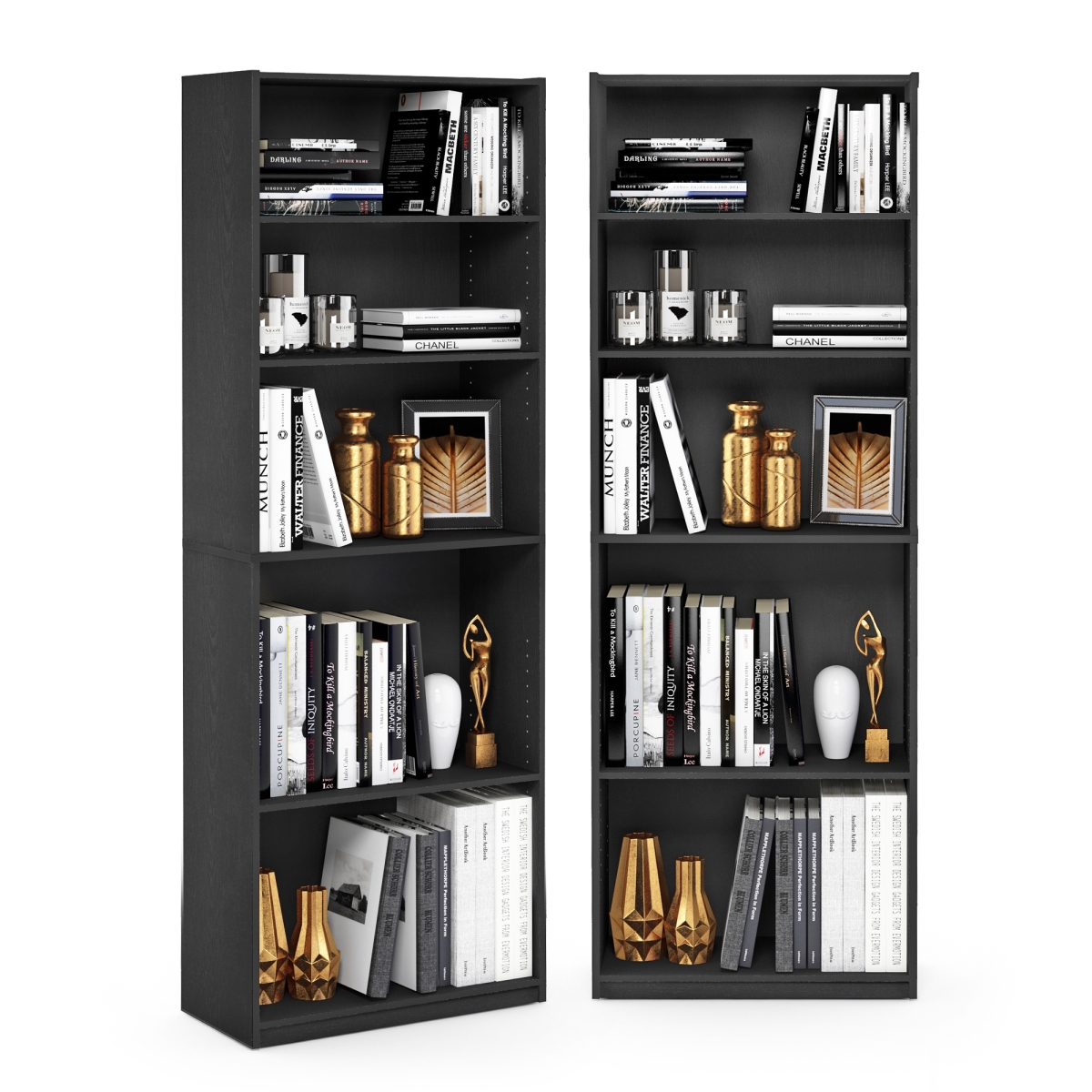 214110R1BKW 9.5 x 24.5 x 71 in. Jaya 5-Tier Bookshelf, Bookcase with Adjustable Shelf - Black - Set of 2
