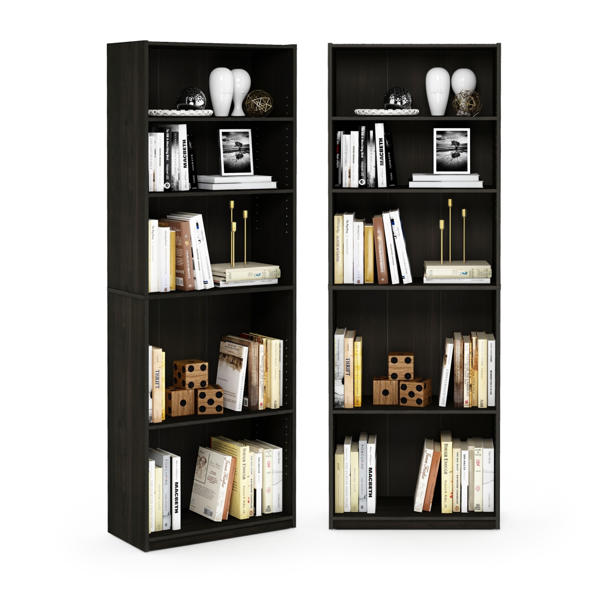 214110R1CC 9.5 x 24.5 x 71 in. Jaya 5-Tier Bookshelf, Bookcase with Adjustable Shelf - Espresso - Set of 2