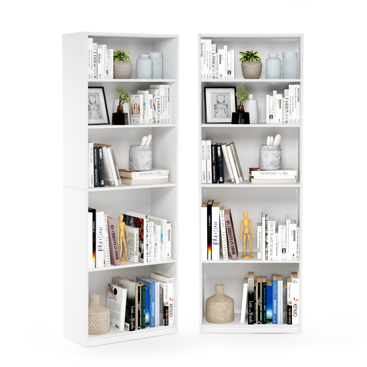 214110R1WH 9.5 x 24.5 x 71 in. Jaya 5-Tier Bookshelf, Bookcase with Adjustable Shelf - White - Set of 2