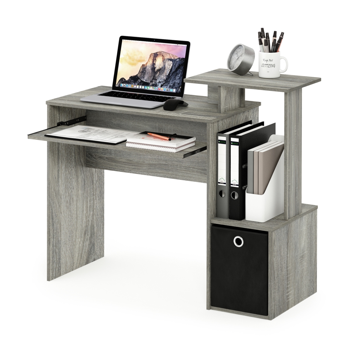 RL12095GOK Econ Gaming Desk with Keyboard Tray, Side Shelves & Storage Bin, Gray Oak