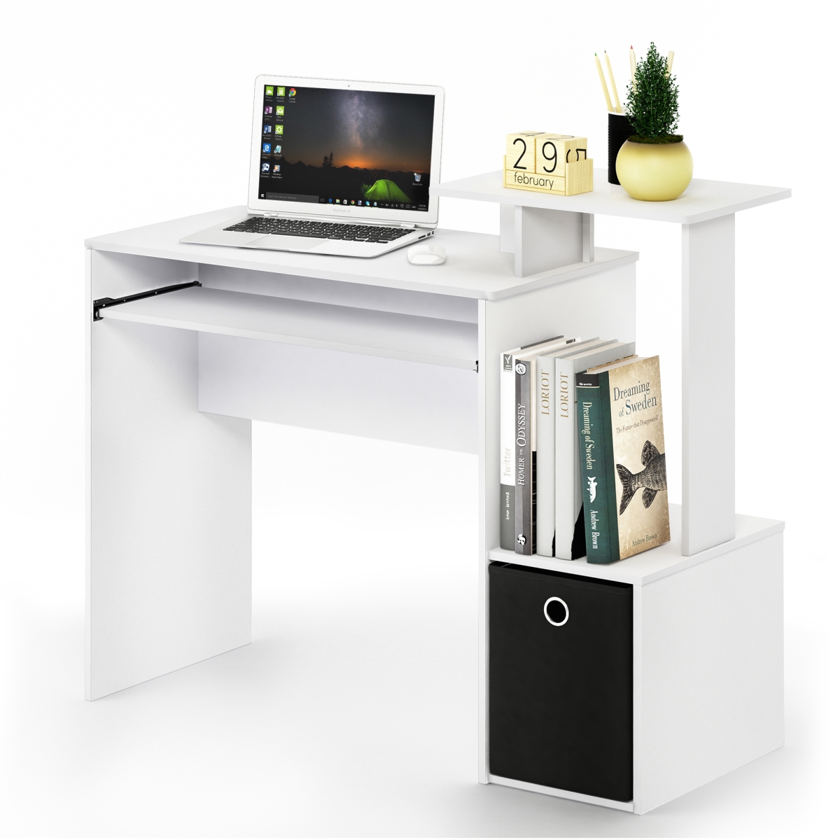 RL12095PWHBK Econ Desk - Gaming Desk with Keyboard Tray, Office Desk with Side Shelves & Storage Bin for Home Office - Plain White