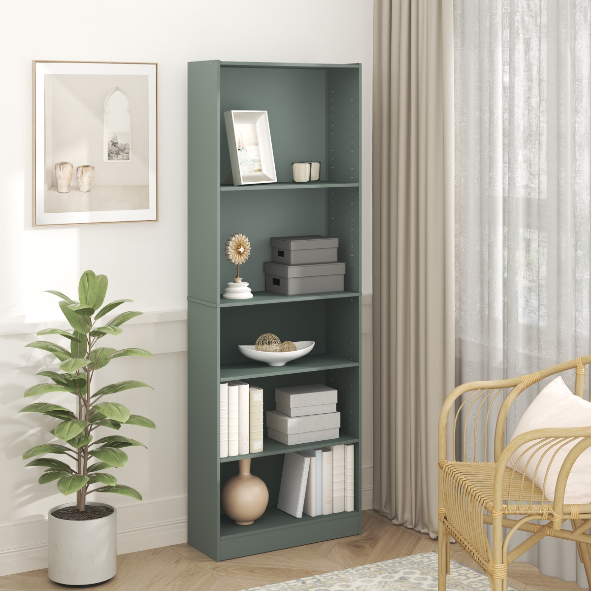14110SG 9.5 x 24.5 x 71 in. Jaya 5-Tier Bookshelf, Bookcase with Adjustable Shelves for Home Office & Living Room - Sage Green