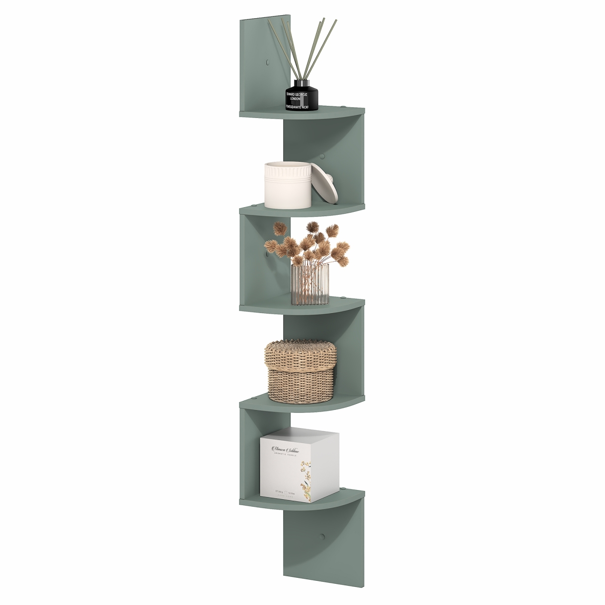 FR16122SG Rossi Floating Book Shelves for Wall, 5-Tier Zigzag Corner Shelf Wall Mounted, Radial Corner Wall Shelf - Sage Green
