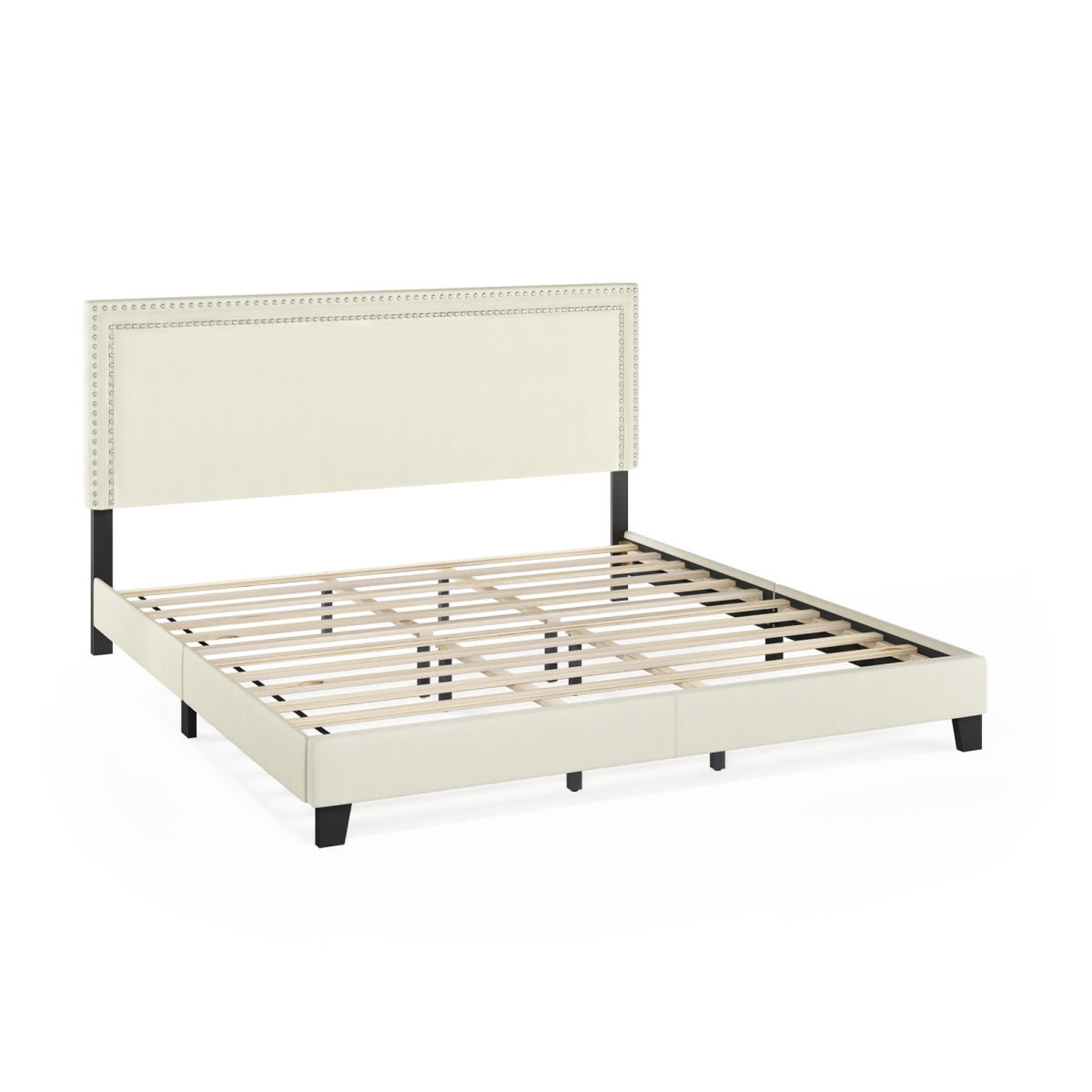 Laval Bedframe with Button Double Row Nail Head Headboard, Upholstered Bed with Legs - 12 Piece Wooden Slat Support - Light Beige - King Size