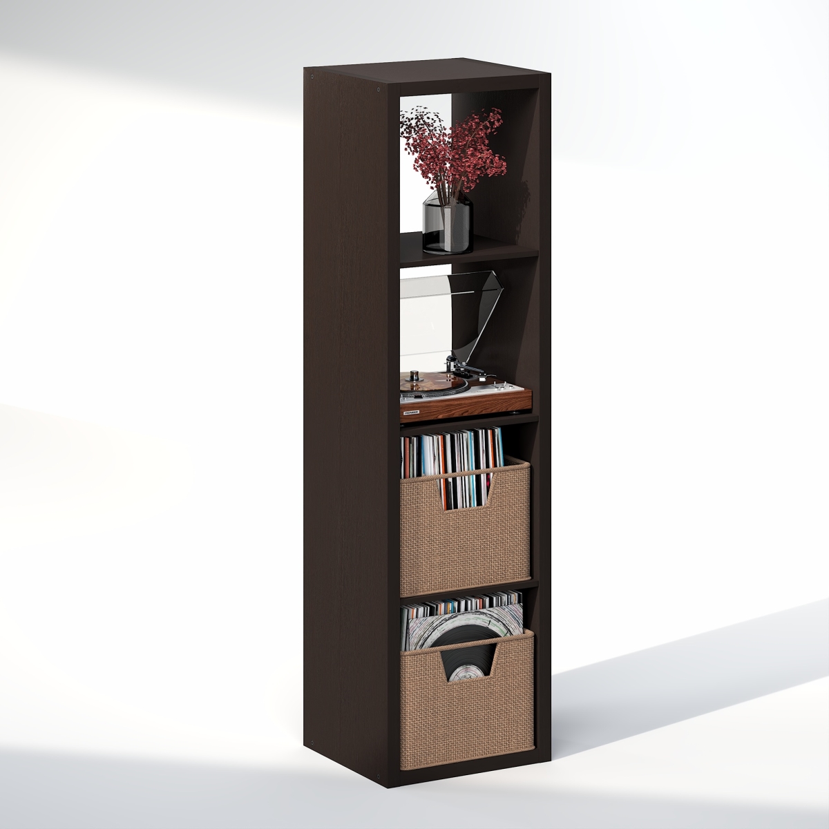 NALU23002DOK Cubicle Open Back Decorative Vertical Vintage Vinyl Record Media Storage Organizer, 4-Cube - Dark Oak