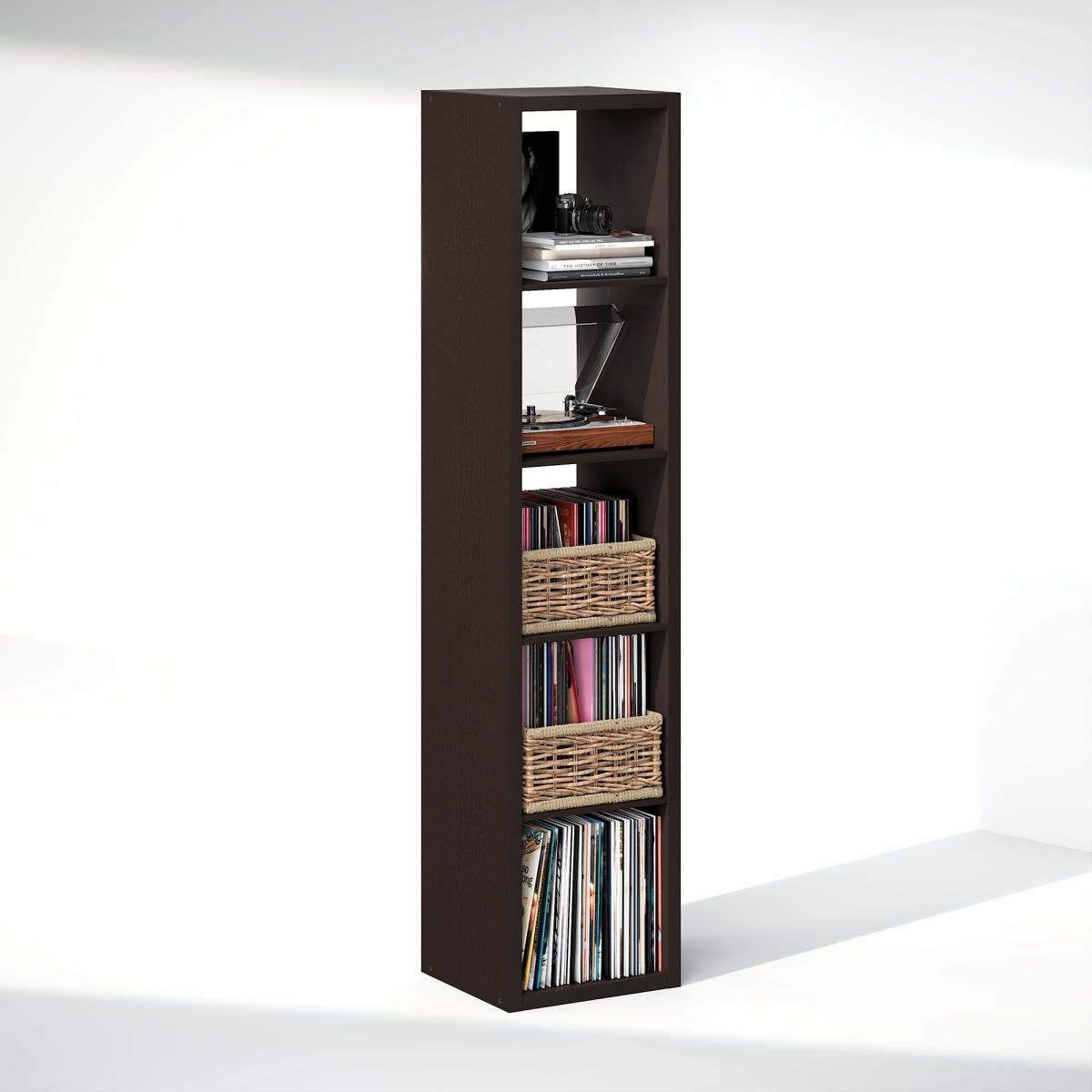 NALU23003DOK Cubicle Open Back Decorative Vertical Vintage Vinyl Record Media Storage Organizer, 5-Cube - Dark Oak