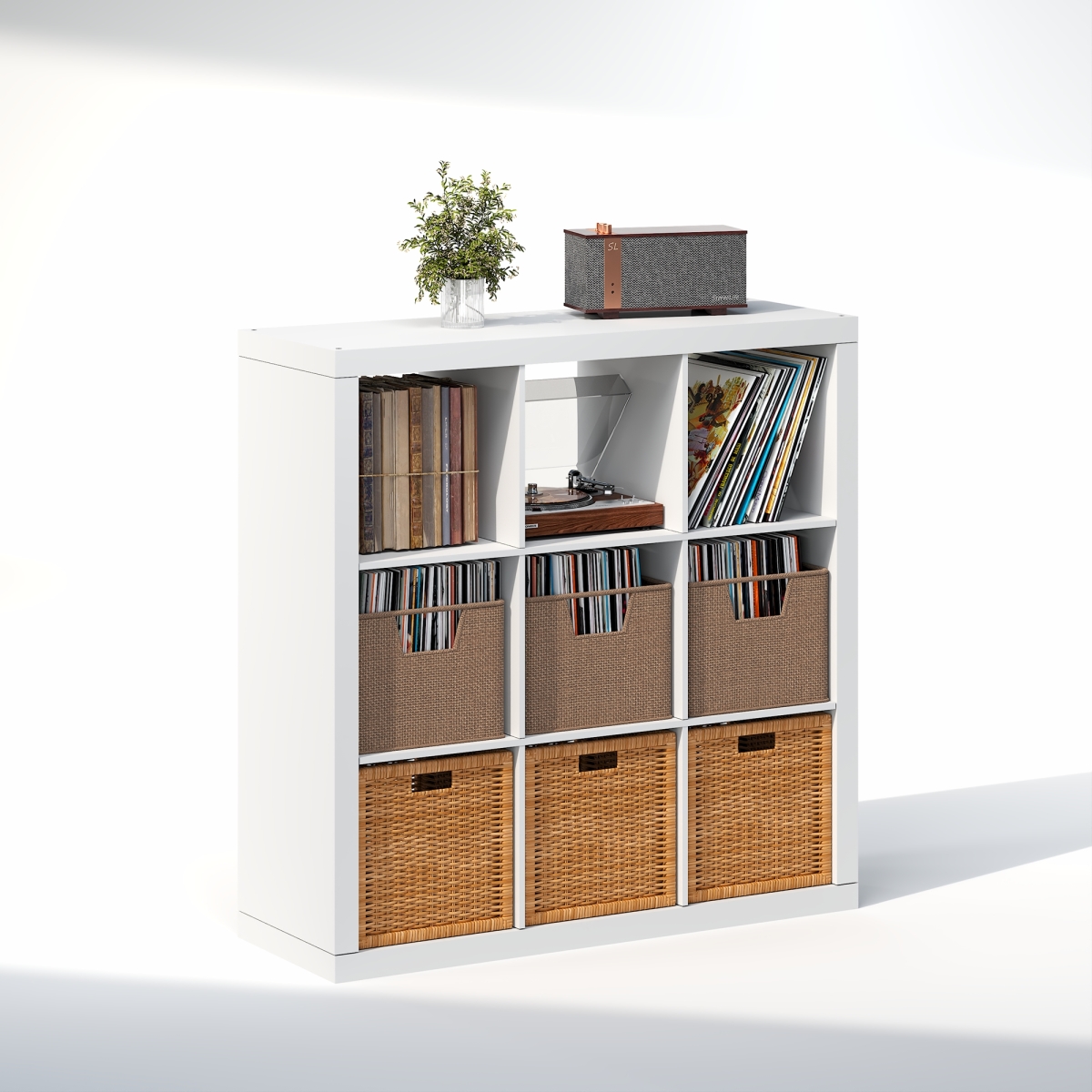 NA23206WHD Cubicle Extra Thick Frame Decorative Vintage Vinyl Record Media Storage Organizer, 9-Cube - White