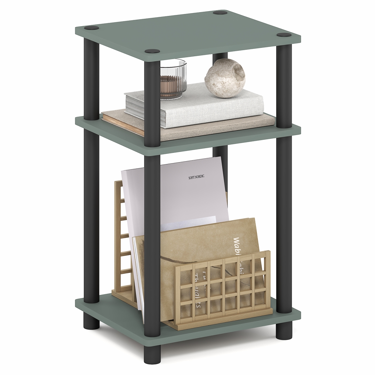 11087SGBK Just 3-Tier End Table, Open Shelves Night Stand, Bedside Table for Living Room & Bedroom - Sage Green