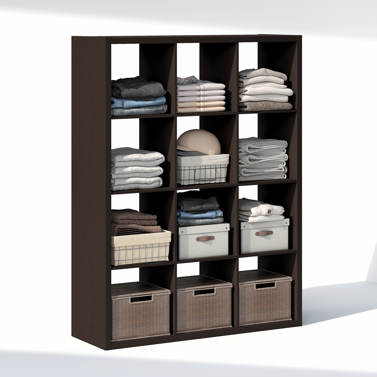 Cubic 12-Cube Closet Organizer - Open Shelf Closet Storage, Extra Thick Frame for Wardrobe, Bedroom & Living Room - Black Dark Oak