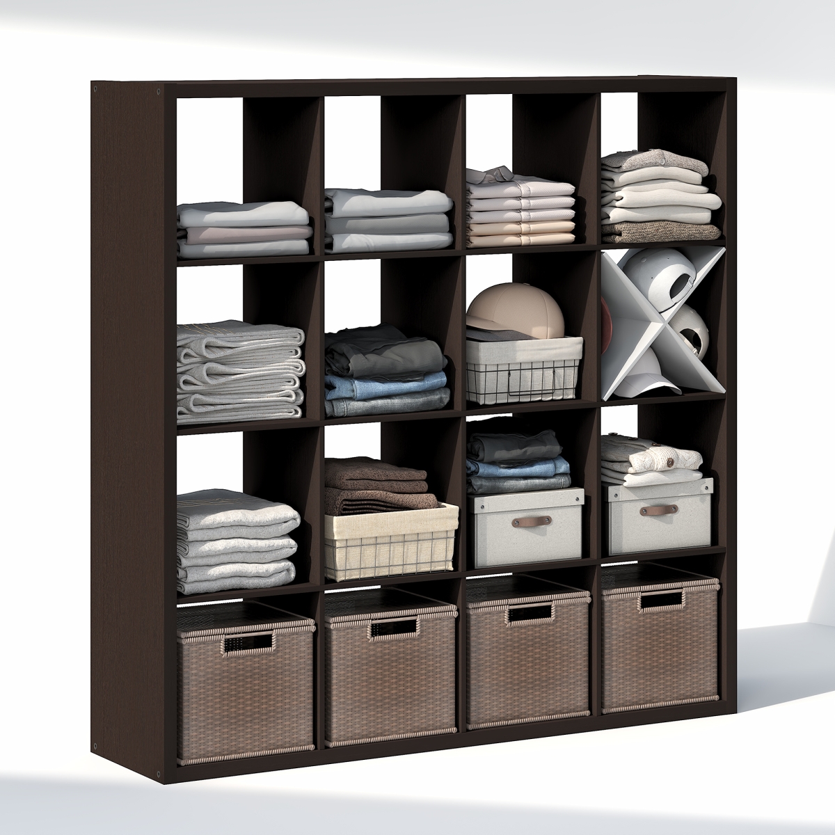Cubic 16-Cube Closet Organizer - Open Shelf Closet Storage, Extra Thick Frame for Wardrobe, Bedroom & Living Room - Black Dark Oak