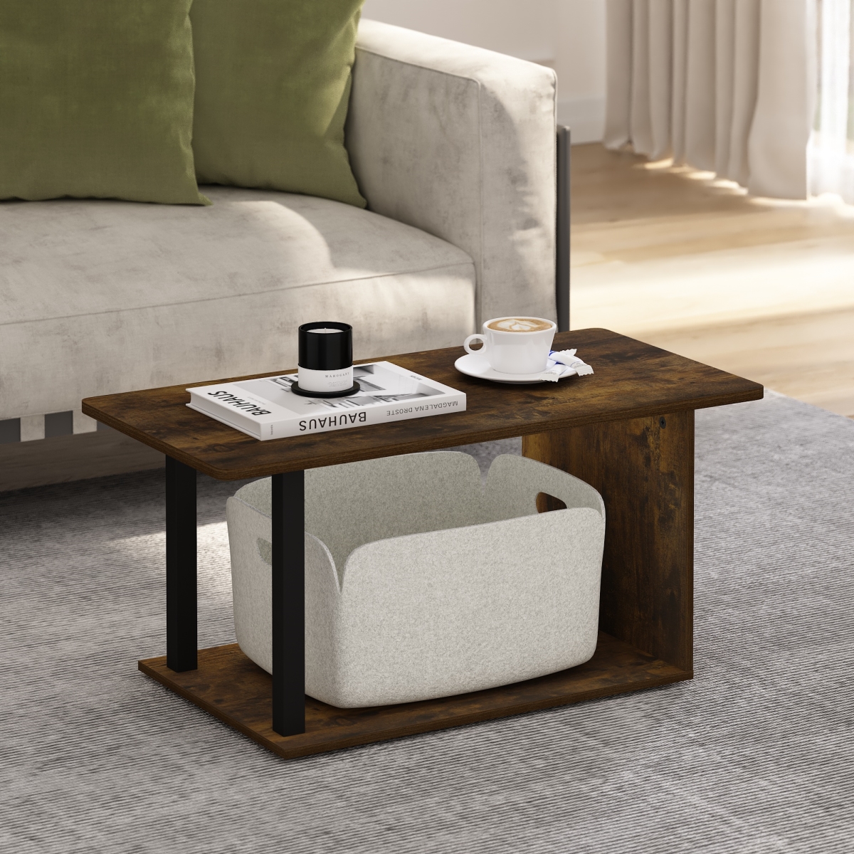 RL24178AOKBK Basic 2-Tier Modern Coffee Table with Open Shelf - Easy Assembly Side Table for Living Room, Bedroom & Home Office - Amber Oak
