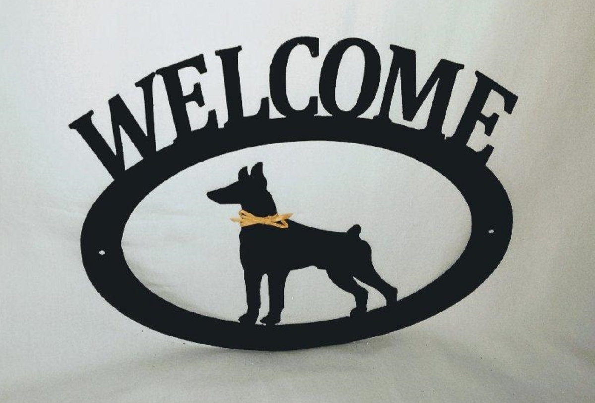 Picture of The Lazy Scroll dobiewelcome Doberman Pinscher Metal Welcome Sign