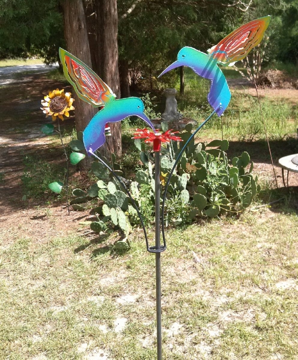 Metal Kinetic Garden Sculpture 2 Painted Hummingbirds
