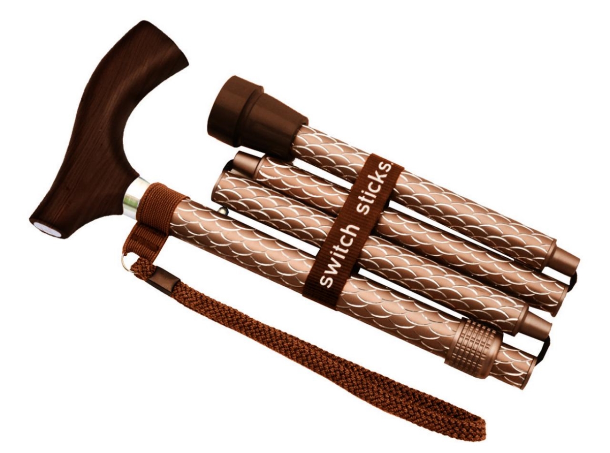 502-2000-5207 32-37 in. Folding Engraved Cane Walking Stick, Cognac