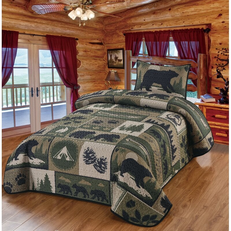 62066 Bear Camp Woodland Patchwork Quilt Quilted Bedding Set, Multi Color - Twin Size Quilt & 1 Standard Sham -  De Leon Collections