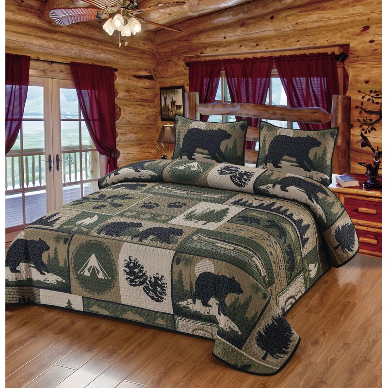 Bear Camp Woodland Patchwork Quilt Quilted Bedding Set, Multi Color - Queen Size Quilt & 2 Standard Shams