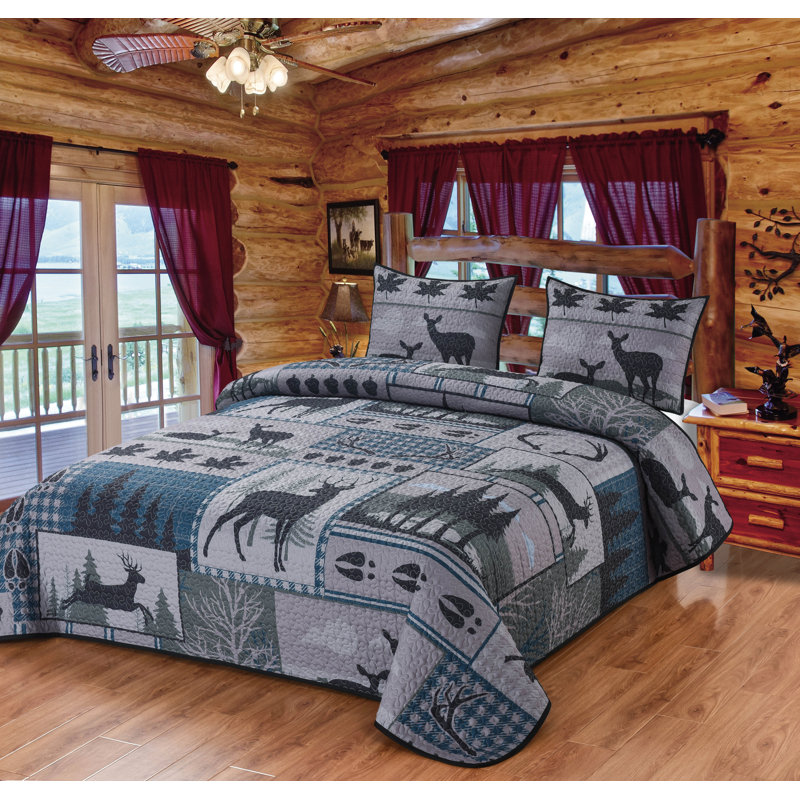 Deer Run Patchwork Quilt Quilted Bedding Set, Multi Color - Queen Size Quilt & 2 Standard Shams