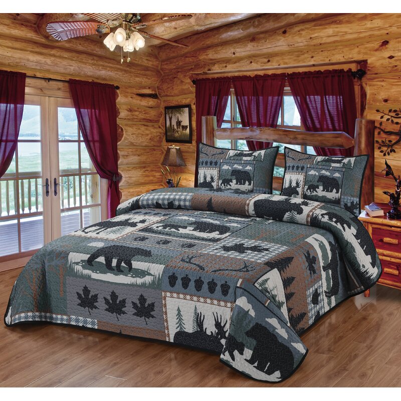 62235 Woodland Forest Patchwork Checkered Quilt Quilted Bedding Set, Multi Color - King Size Quilt & 2 Standard Shams -  De Leon Collections