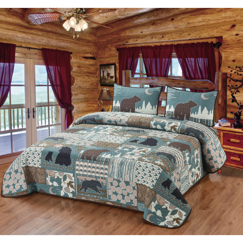 62255 Timberland Bear Patchwork Quilt Quilted Bedding Set, Multi Color - King Size Quilt & 2 King Size Shams -  De Leon Collections