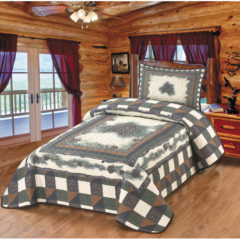 Pine Forest Checkered Pinecone Quilt Quilted Bedding Set, Multi Color - Twin Size Quilt & 1 Standard Sham