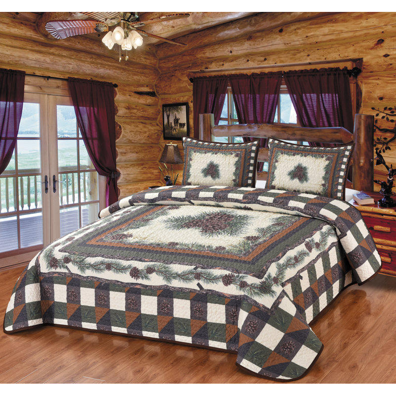 62313 Pine Forest Checkered Pinecone Quilt Quilted Bedding Set, Multi Color - Queen Size Quilt & 2 Standard Shams
