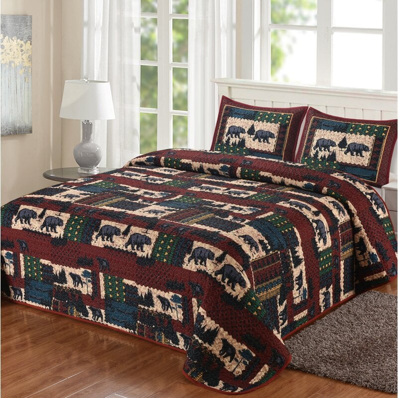 Bears Scarlet & Black Patchwork Quilt Quilted Bedding Set, Multi Color - Queen Size Quilt & 2 Shams -  Convenience Concepts, HI3029021