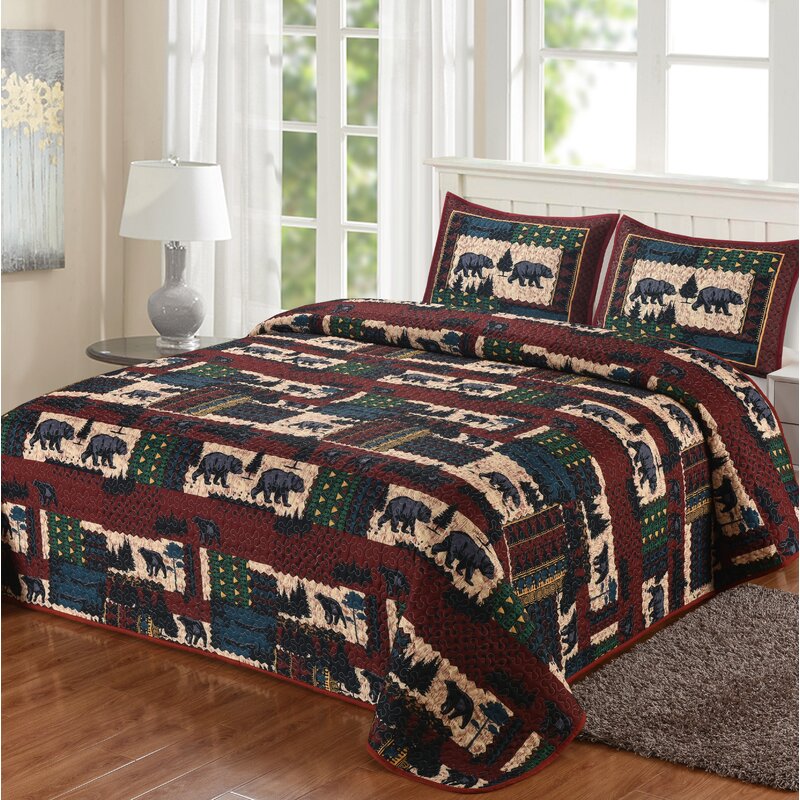 Bears Scarlet & Black Patchwork Quilt Quilted Bedding Set, Multi Color - King Size Quilt & 2 Shams -  Convenience Concepts, HI3044578