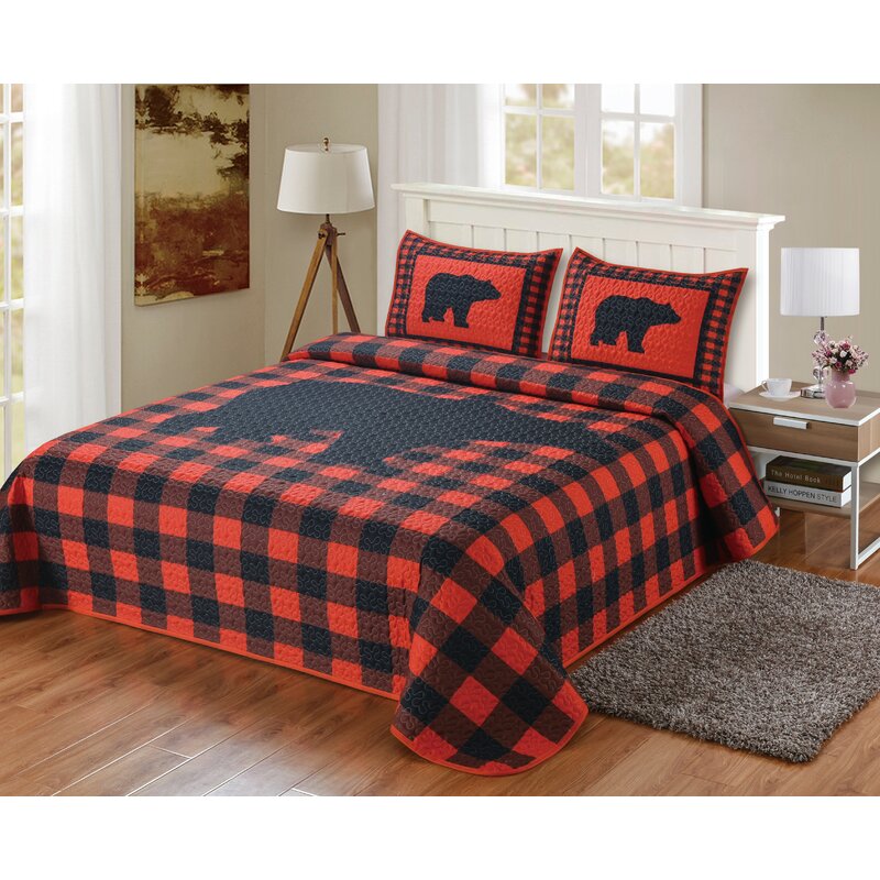 63032 Bear Buffalo Plaid Red & Black Checkered Quilt Quilted Bedding Set, Red & Black - Queen Size Quilt & 2 Shams -  De Leon Collections