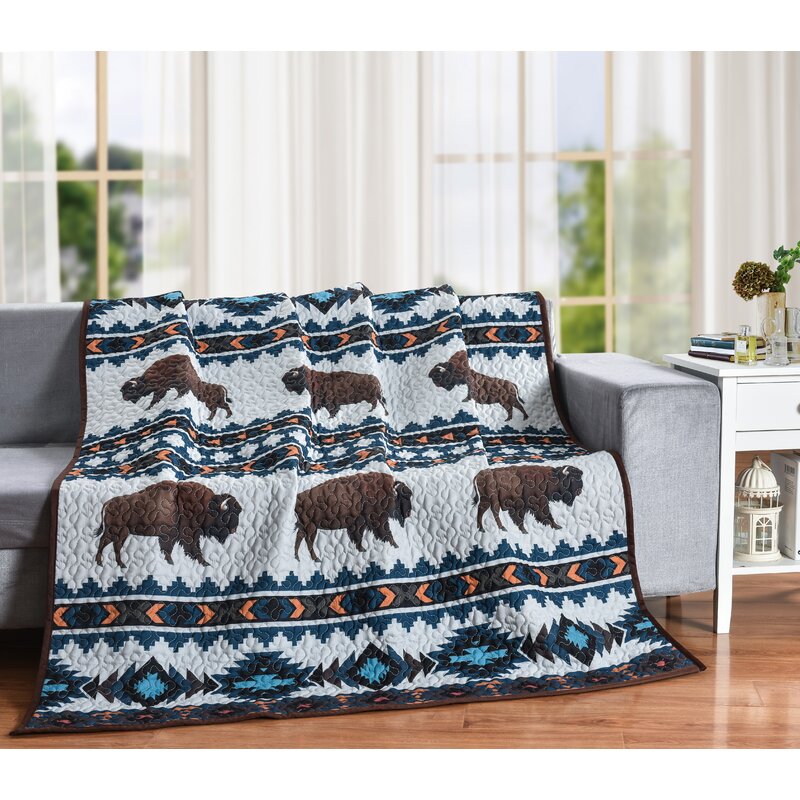 60 x 50 in. Buffalo Blue Southwestern Boho Bison Decorative Throw Quilt Blanket, Multi Color