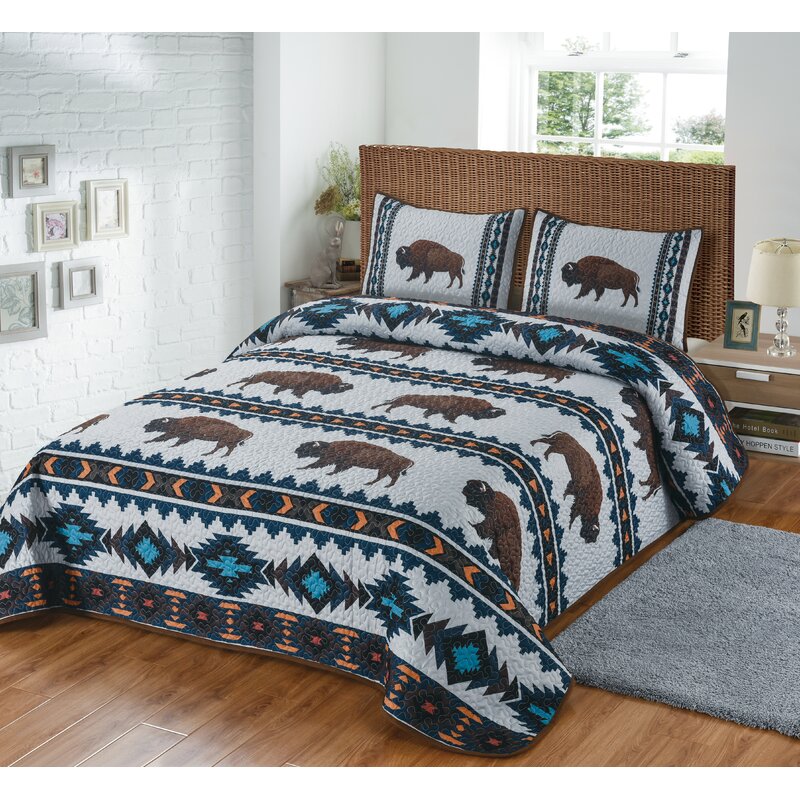 Buffalo Blue Southwestern Boho Bison Quilt Quilted Bedding Set, Multi Color - King Size