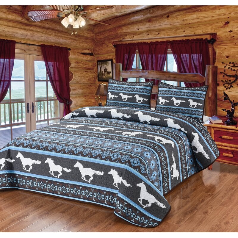 Pondering Trail White Horse Silhouette Quilt Quilted Bedding Set, Multi Color - Queen Size Quilt & 2 Standard Shams