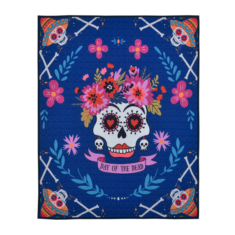 60 x 50 in. Royal Blue Floral Day of Dead Sugar Skull Decorative Throw Quilt Blanket, Multi Color