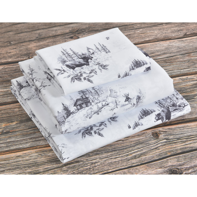 Lodge Toile Moose Forest Sketch Print Sheet Set, Black & White - Twin Size