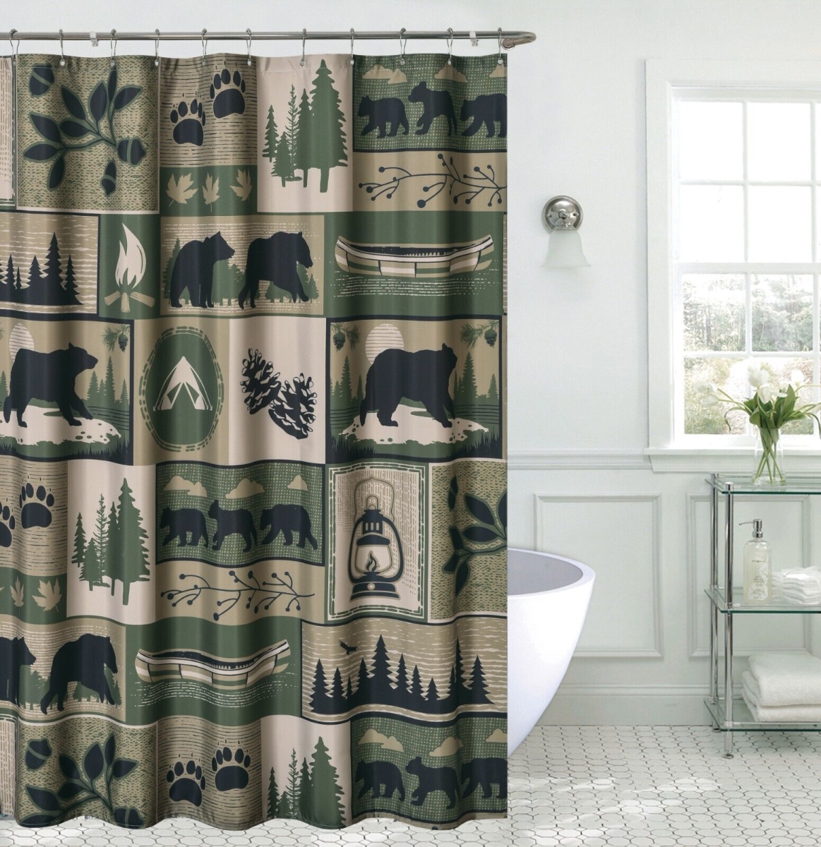 Picture of De Leon Collections 62200 Bear Camp Patchwork Black Bear Woodland Forest Camping Themed Decorative 72 in. Shower Curtain&#44; Green & Brown