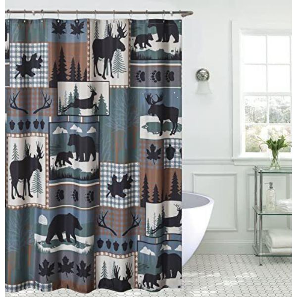 Picture of De Leon Collections 62238 Woodland Forest Patchwork Animal Moose Bear Nature Winter Themed Decorative 72 in. Shower Curtain&#44; Multi Color