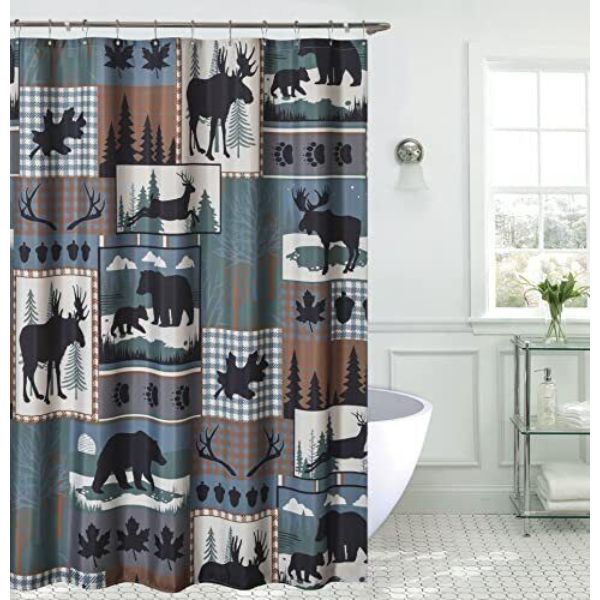 Woodland Forest Patchwork Animal Moose Bear Nature Winter Themed Decorative 72 in. Shower Curtain, Multi Color
