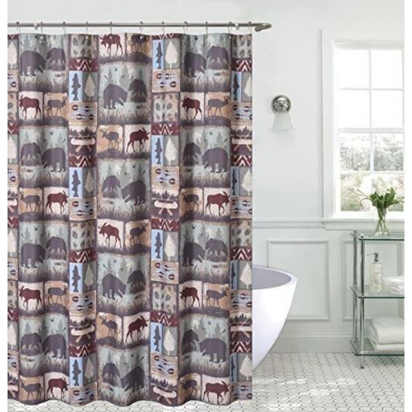 Picture of De Leon Collections 62296 Its a Wildlife Patchwork Animal Bear Moose Nature Camping Themed Decorative 72 in. Shower Curtain&#44; Multi Color