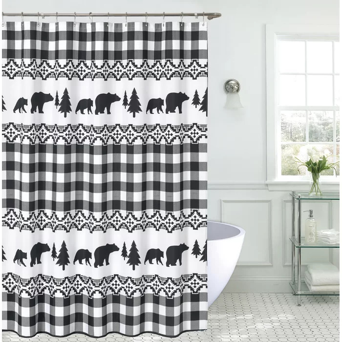 Picture of De Leon Collections 63112 Country Bear Southwestern Geometric Tribal Plaid Woodland Themed Decorative 72 in. Shower Curtain&#44; Black&#44; White & Gray