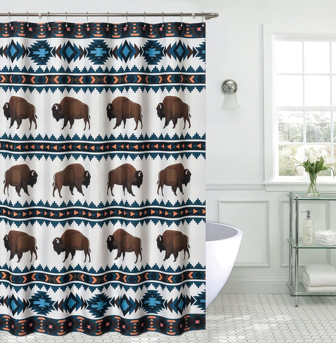 Picture of De Leon Collections 63214 Buffalo Blue Southwestern Geometric Tribal North American Bison Decorative 72 in. Shower Curtain